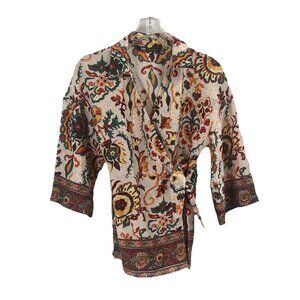 Zara Floral Wrap Shirt Boho Festival Hippie Sz XS Collared Kimono Style